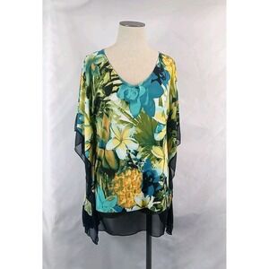 Vintage Suzie Floral Blouse Womens Large Batwing Shirt 90s Fashion Top Tropical
